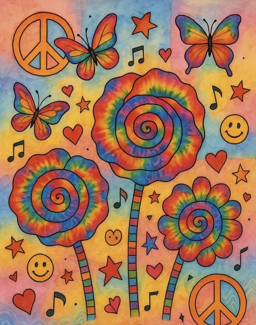 Colorful drawing of rainbow spiral flowers, butterflies, peace signs, stars, hearts, and music notes