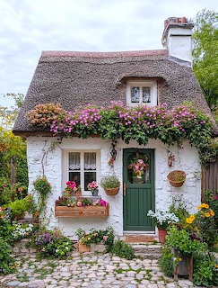 White thatched cottage with green door, window boxes full of pink and orange flowers, cobblestone path and garden