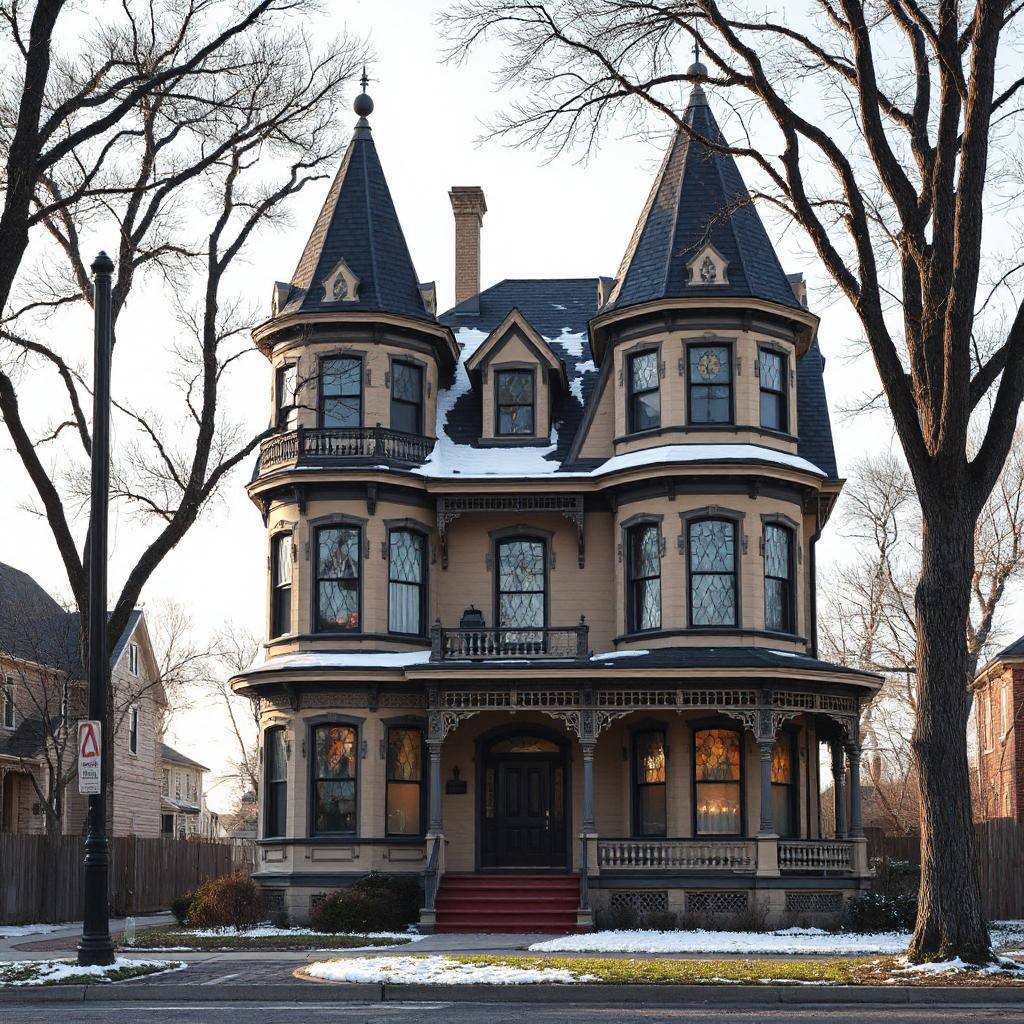 Grand Victorian mansion with twin turrets and ornate trim, surrounded by bare winter trees and snow-covered lawn