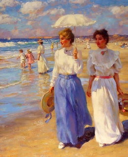 Impressionist painting of two women walking on a beach in white blouses and long skirts under a blue sky