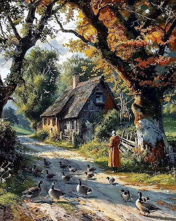 Rustic thatched cottage beside stream with woman feeding ducks under autumn trees