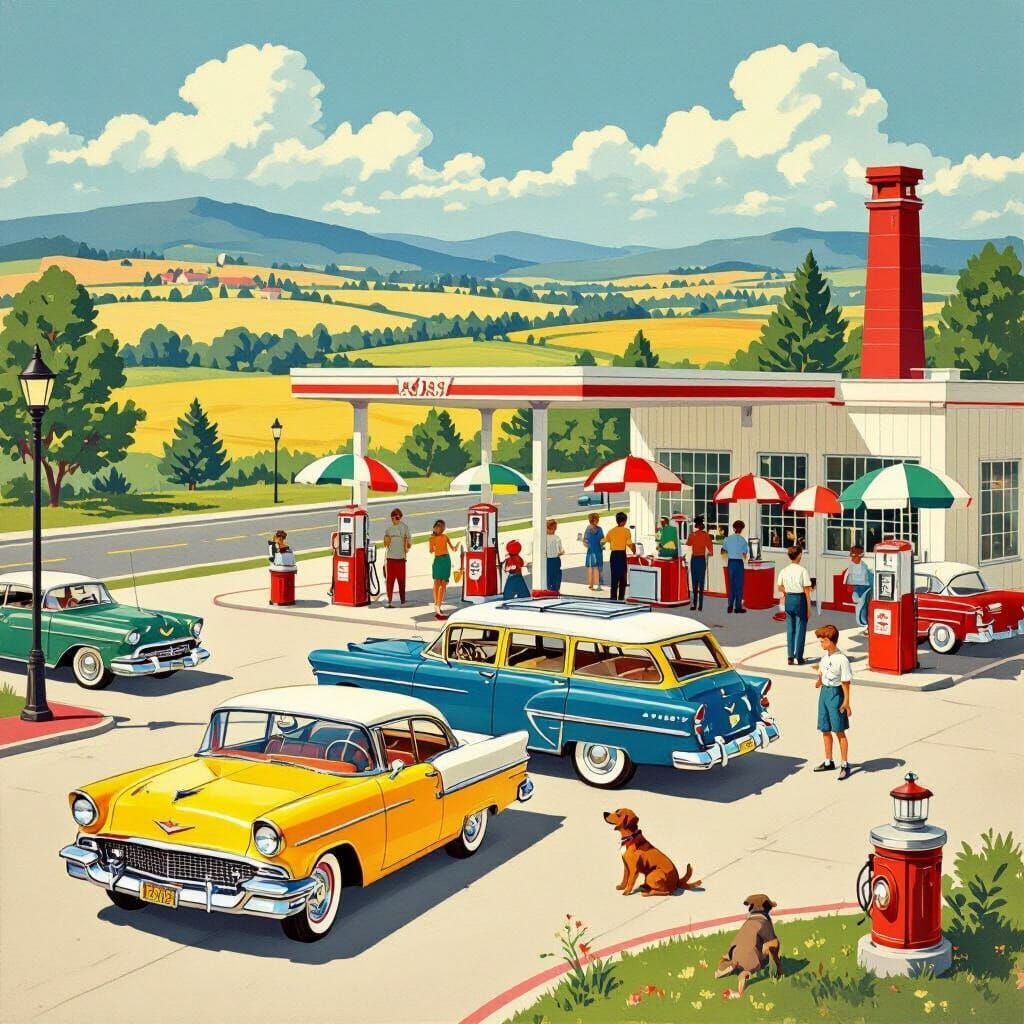Illustrated vintage gas station with classic cars, people, and dogs in the countryside