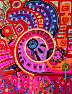 Abstract painting with colorful concentric circles and geometric patterns in red, pink, and blue