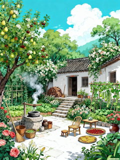 Illustration of a white cottage surrounded by a colorful garden with fruit trees, flowers, and vegetables