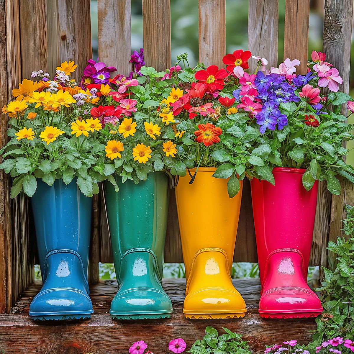Four colorful rain boots filled with blooming flowers against a rustic wooden fence