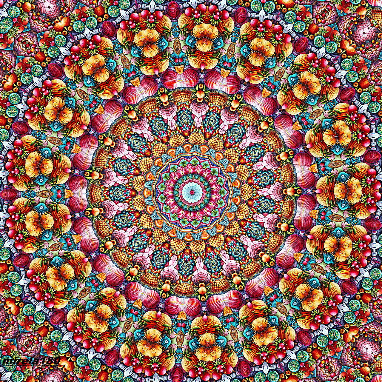 Vibrant circular mandala with intricate geometric and floral patterns in multiple colors radiating from center