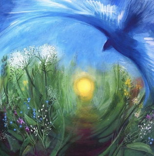 Painting of a blue bird flying above a flower-filled meadow at sunrise