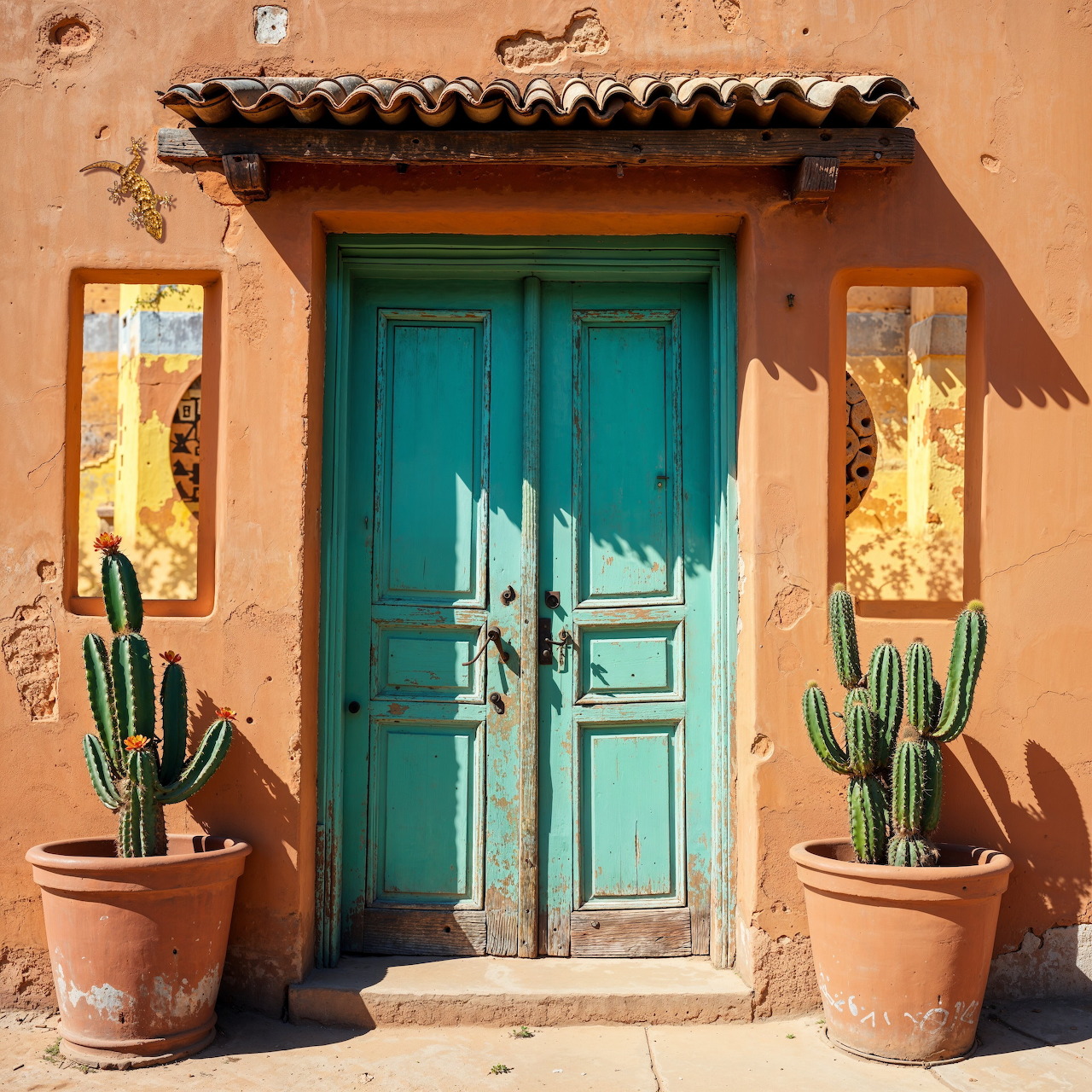 Turquoise paneled door in adobe wall with gecko art panels and potted cacti