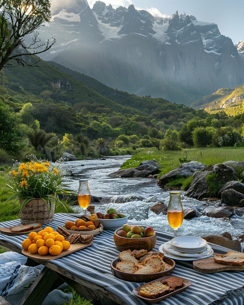 Breakfast table beside mountain stream with snowy peaks in distance
