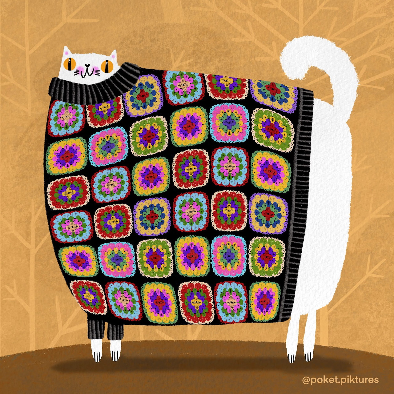 White cat illustration wearing vibrant multicolored granny square crochet blanket on golden background