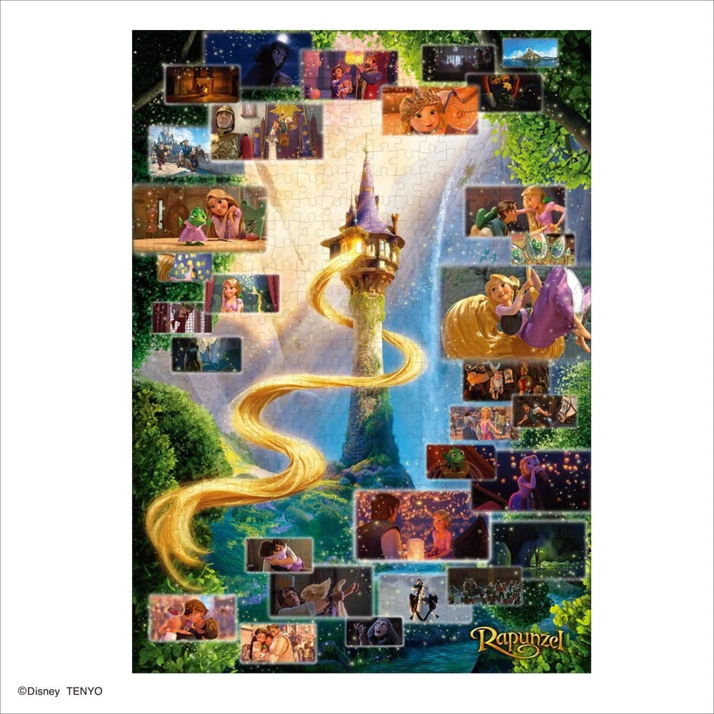 Collage of Disney Rapunzel movie scenes with tower, characters, and glowing magical hair