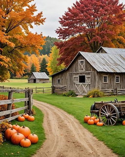 Old wooden barn with metal roof, autumn trees, pumpkins along dirt road, and wagon wheel on green grass
