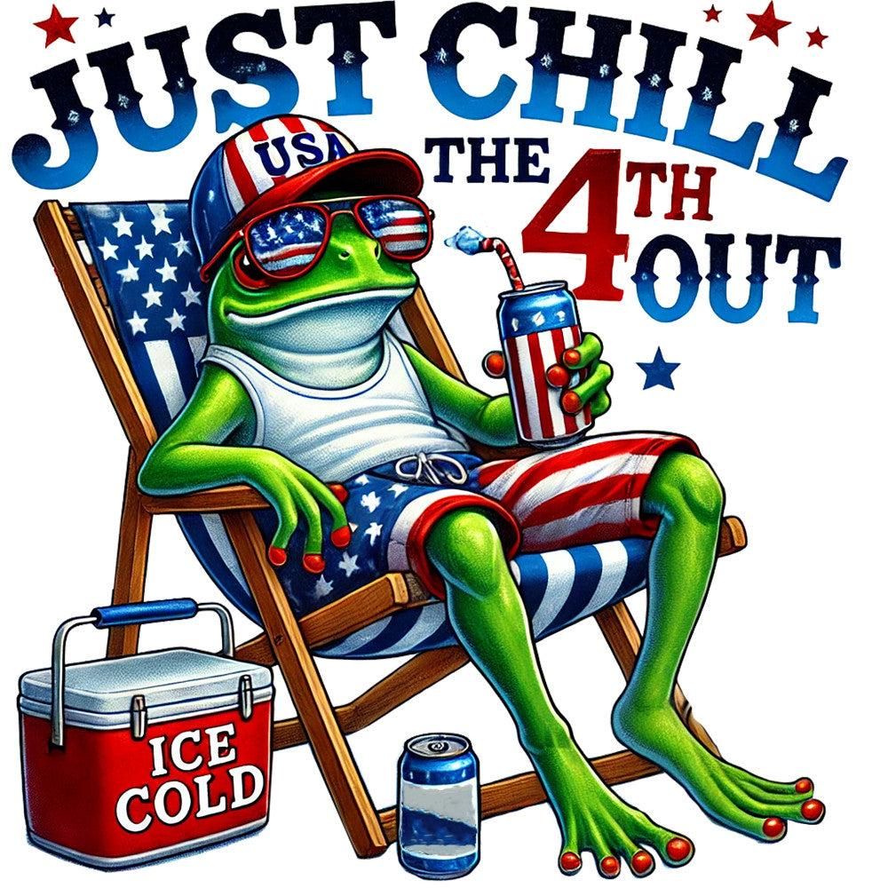 Cartoon patriotic frog lounging in a chair with sunglasses, drink, cooler, and Fourth of July text