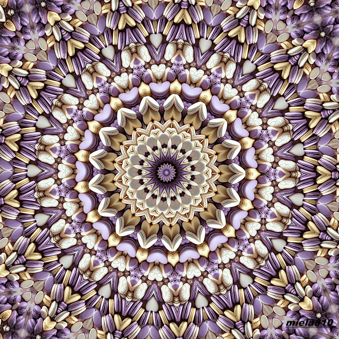 Intricate purple and gold mandala with symmetrical geometric patterns radiating from center
