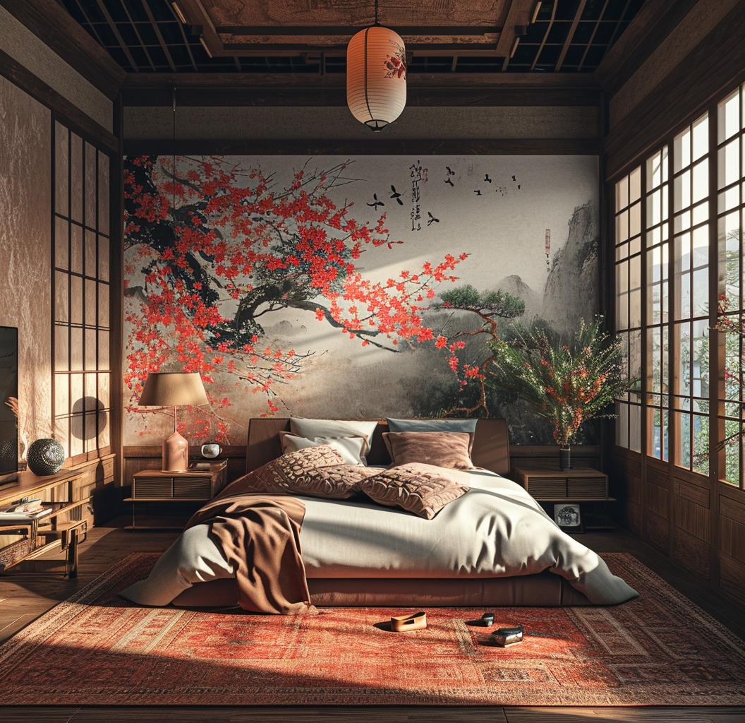 Japanese bedroom with platform bed, shoji screens, tatami flooring, and cherry blossom wall art