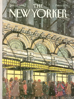 Illustrated New Yorker magazine cover showing people outside a grand opera house on a snowy winter evening