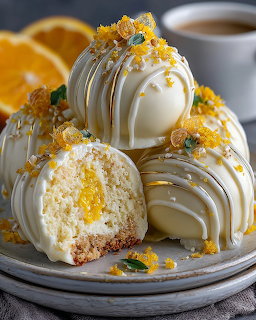 White chocolate cake truffles topped with candied orange zest on a ceramic plate with coffee