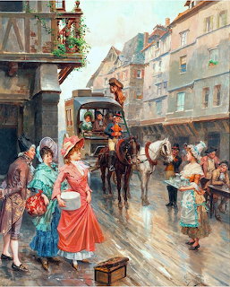 Oil painting of Victorian-era women in colorful dresses shopping near horse carriage on rainy cobblestone street