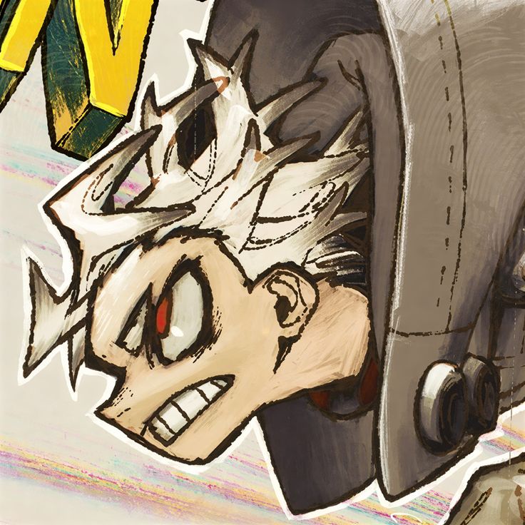 Close-up anime boy with spiky white hair and a tense expression beside a large gray object