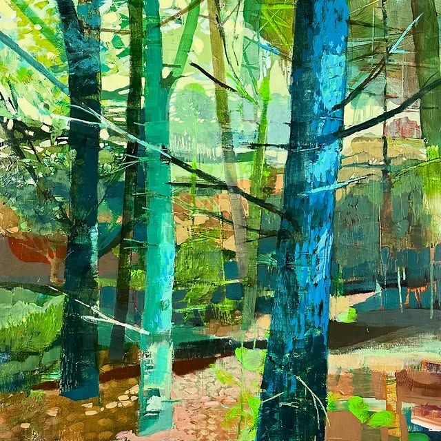 Colorful painting of tall blue and green tree trunks in a sunlit forest with lush foliage