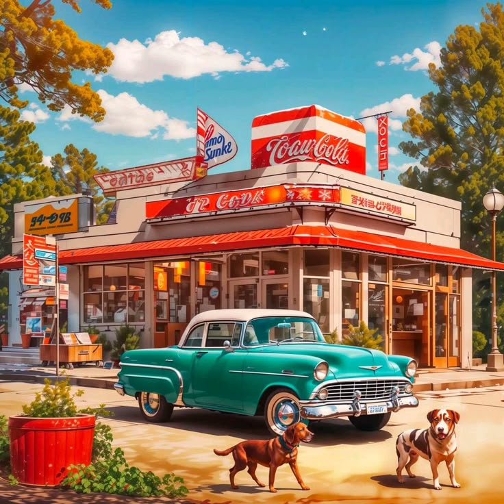 Turquoise vintage car parked outside a Coca-Cola diner with two dogs in front
