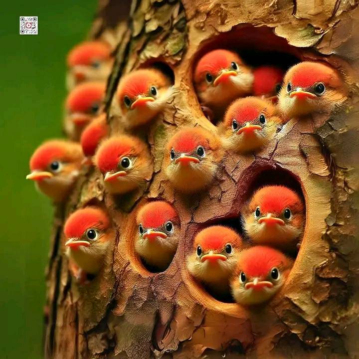 Red-orange baby birds peeking from holes in a rough tree trunk