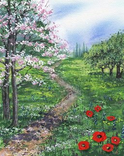 Watercolor painting of a spring countryside path with red poppies, bloming tree, and green rolling hills