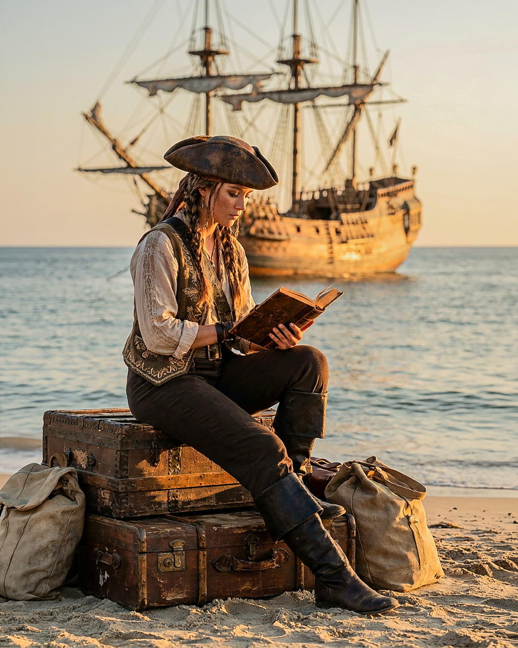 Woman dressed as a pirate reading a book while sitting on wooden chests on a beach with a sailing ship in the background