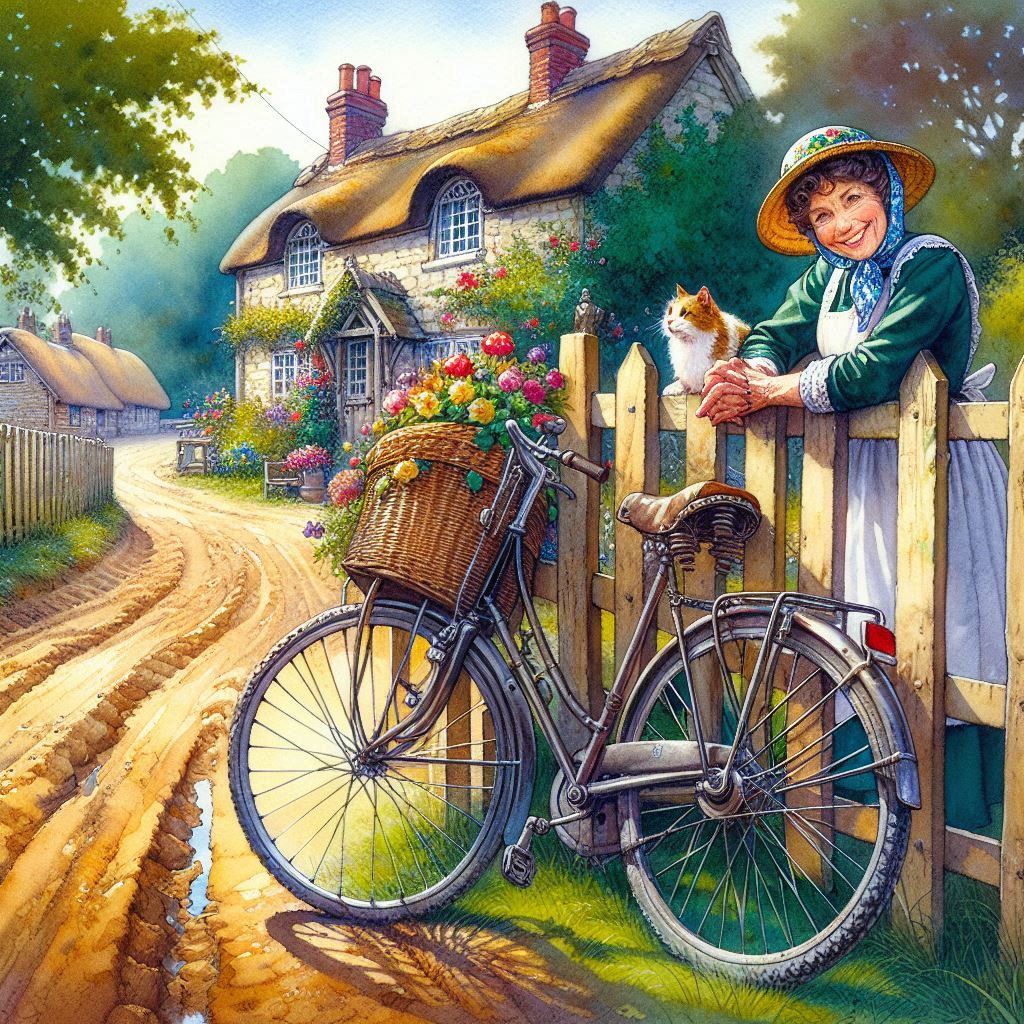 Woman in vintage dress standing with bicycle loaded with flower baskets beside thatched cottage and garden