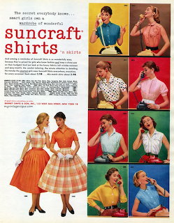Vintage 1950s magazine ad showing women in colorful shirts and skirts arranged in a grid layout