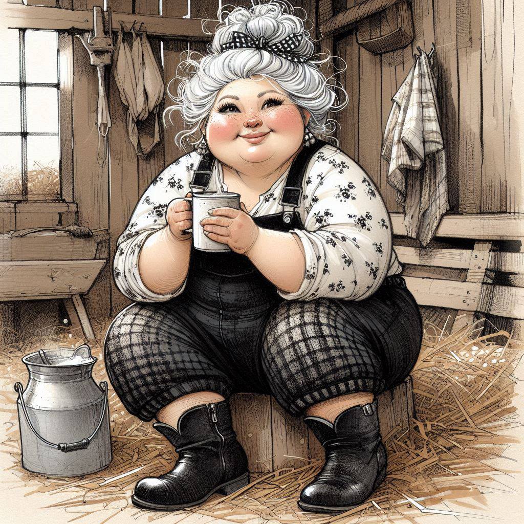 Cheerful cartoon grandmother with white curly hair sitting in barn holding cup