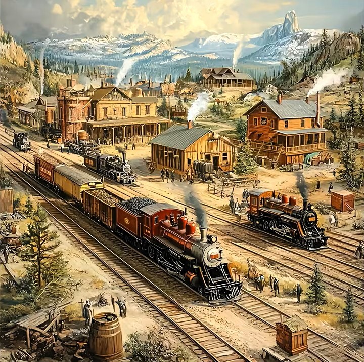 Vintage steam locomotives at mountain railway station with wooden buildings and snow-capped peaks in background