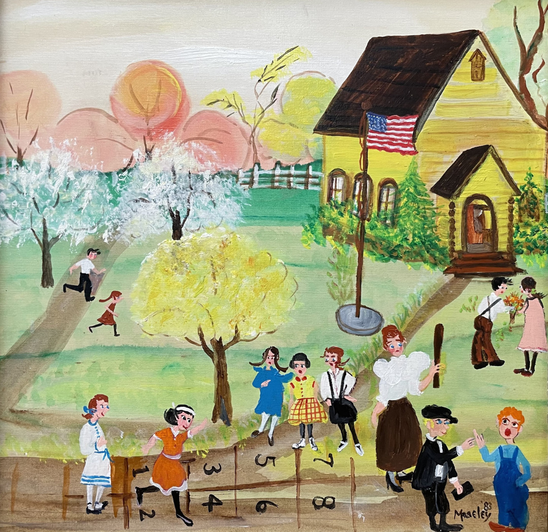 Folk art painting of village scene with yellow church, people, trees, and American flag in naive style