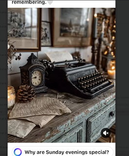 Antique black typewriter on a rustic teal desk with an old clock, pine cone, and vintage papers