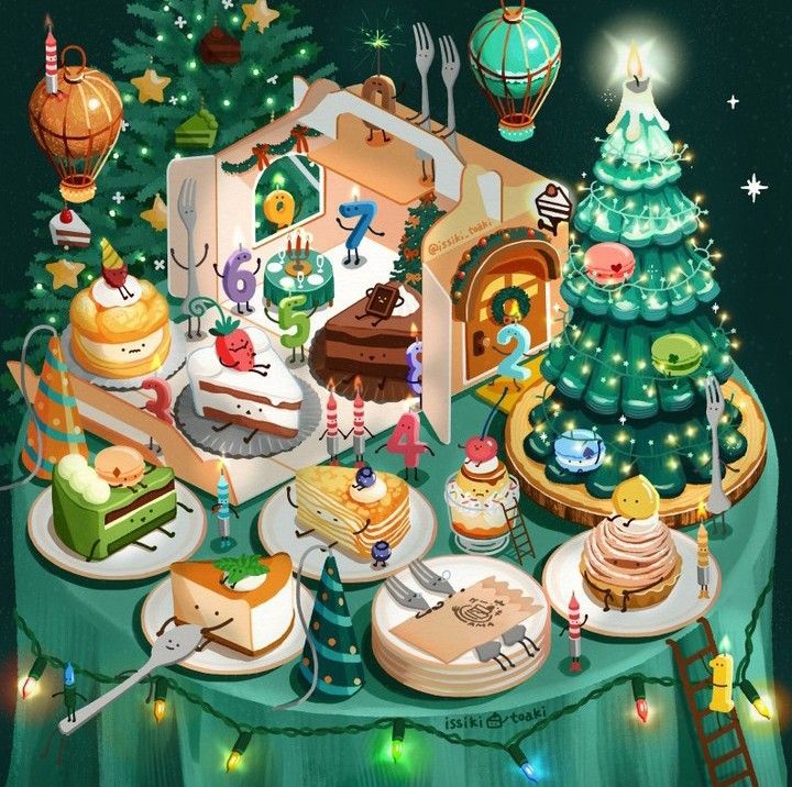 Whimsical Christmas dessert table with cakes, cookies, decorated trees, and festive ornaments in cute illustrated style