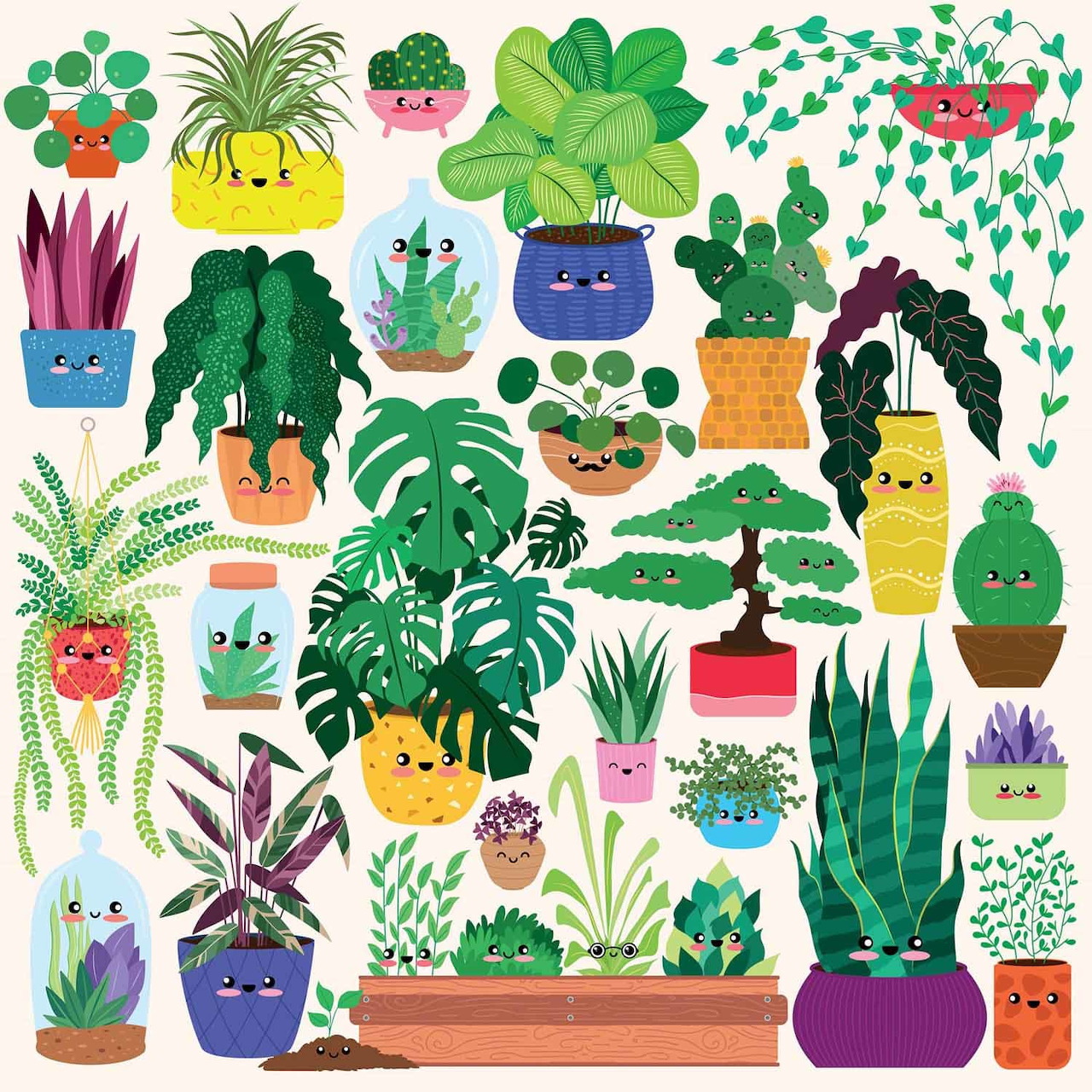 Collection of illustrated houseplants with happy faces in colorful pots on white background