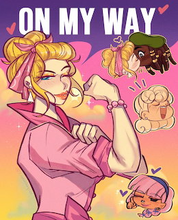 Blonde cartoon woman flexing her arm in pink outfit with smaller characters floating around her, text says On My Way