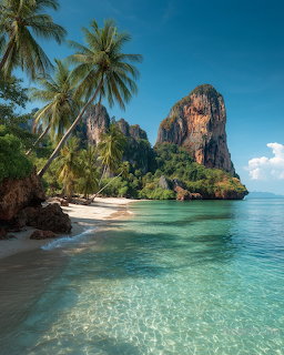 Tropical beach with clear turquoise water, palm trees, and dramatic limestone rock formations against blue sky