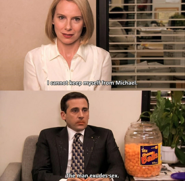 Two-panel The Office screenshot with a blonde woman above and Michael Scott sitting at a desk below.