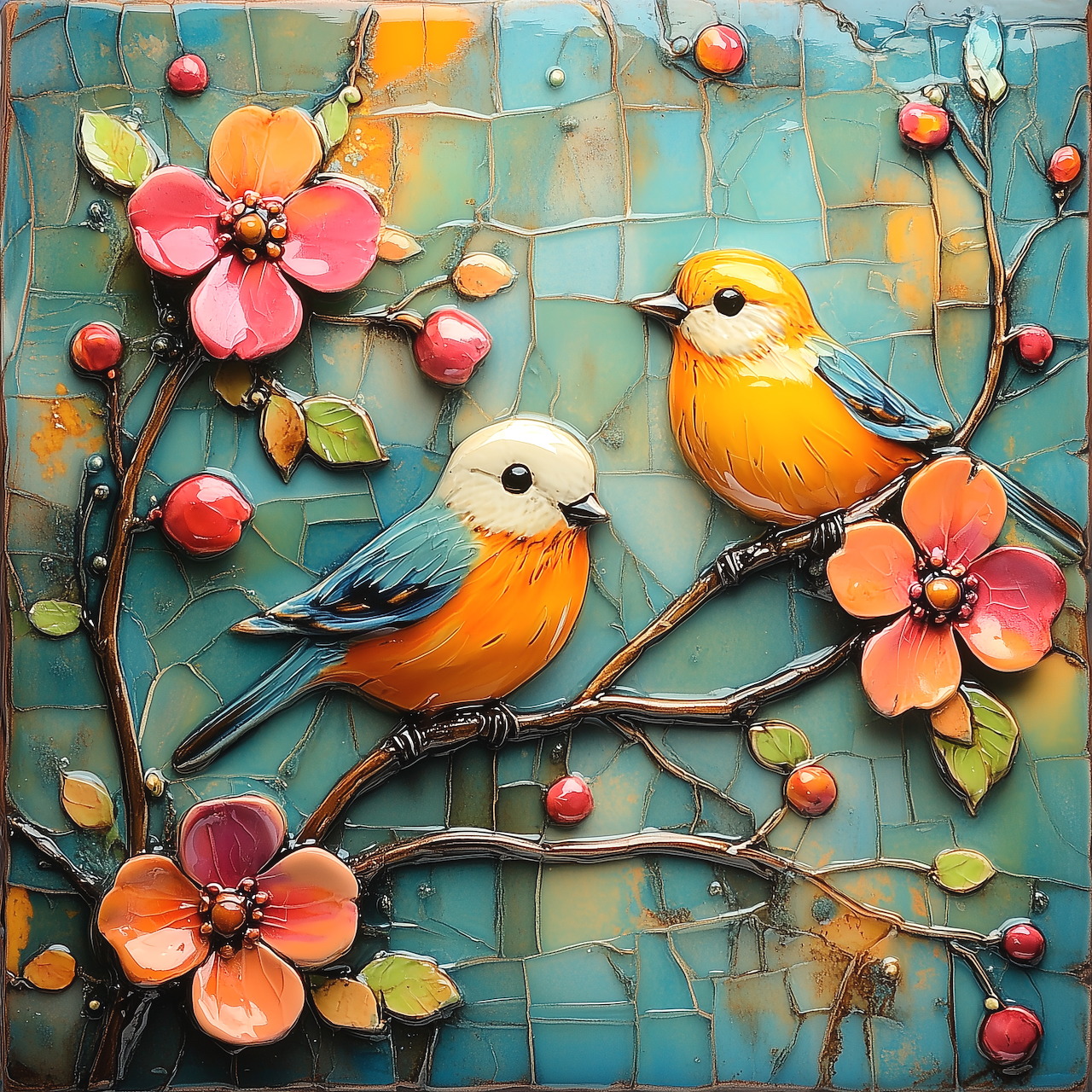 Two orange and blue birds on branch with pink flowers and red berries on turquoise tile background