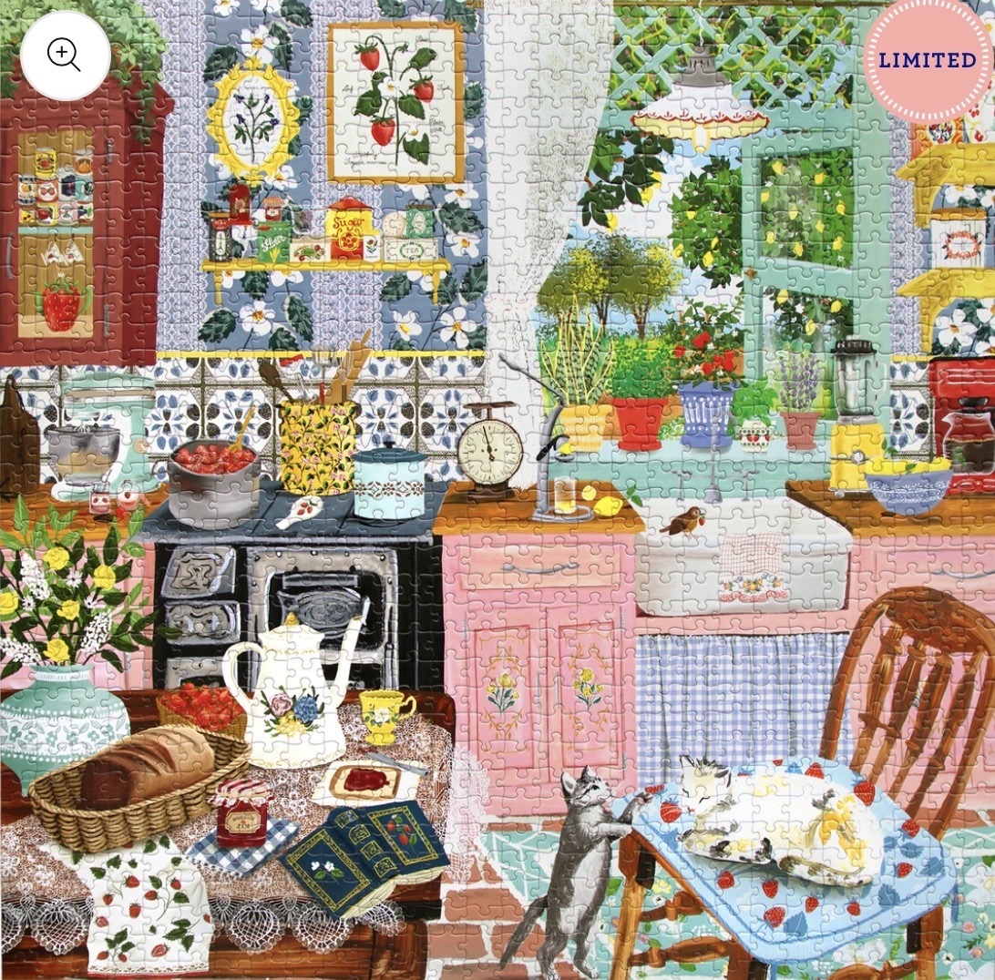 Detailed cottage kitchen illustration with stove, table, flowers, and an open door to a garden