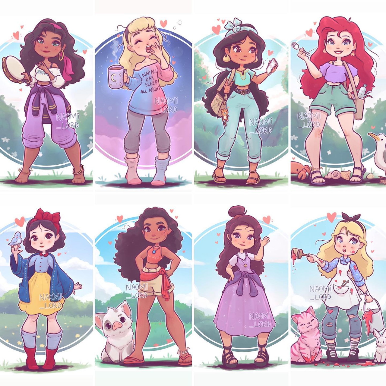 Eight cartoon girls in different outfits and hairstyles arranged in two rows with portrait backgrounds