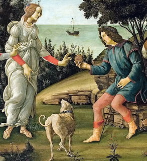 Boticelli painting of a woman in white and man in blue with a dog in a green landscape by the sea