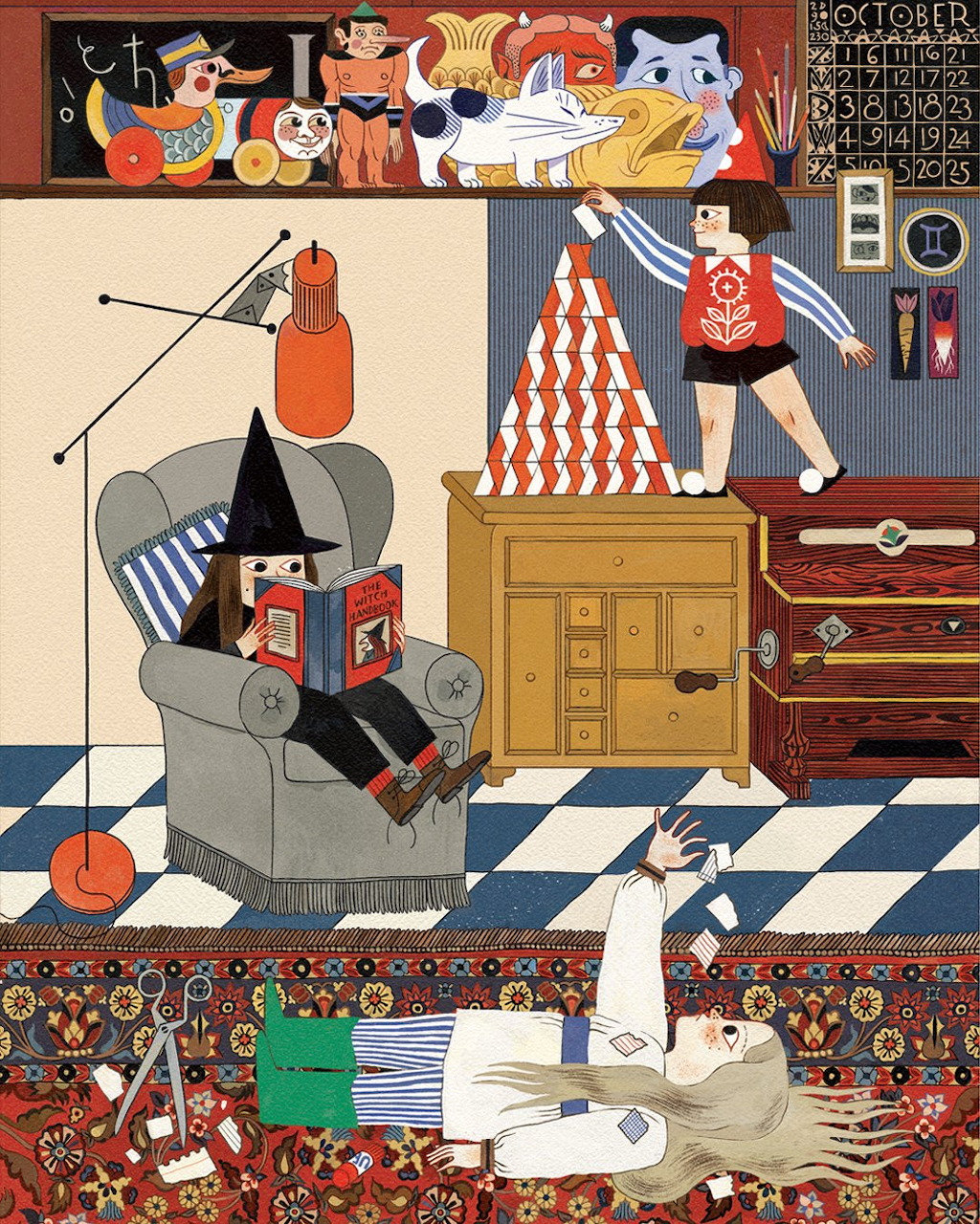 Colorful whimsical illustration of a room with quirky characters, patterned rug, armchair, dresser, and shelves of toys