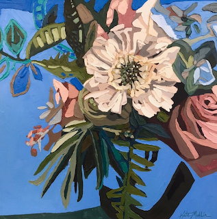 Painting of a flower bouquet with white and pink flowers in a vase on a blue background