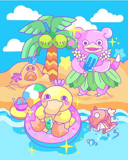 Cartoon Slowpoke Pokemon characters enjoying a sunny beach day with palm tree and ocean