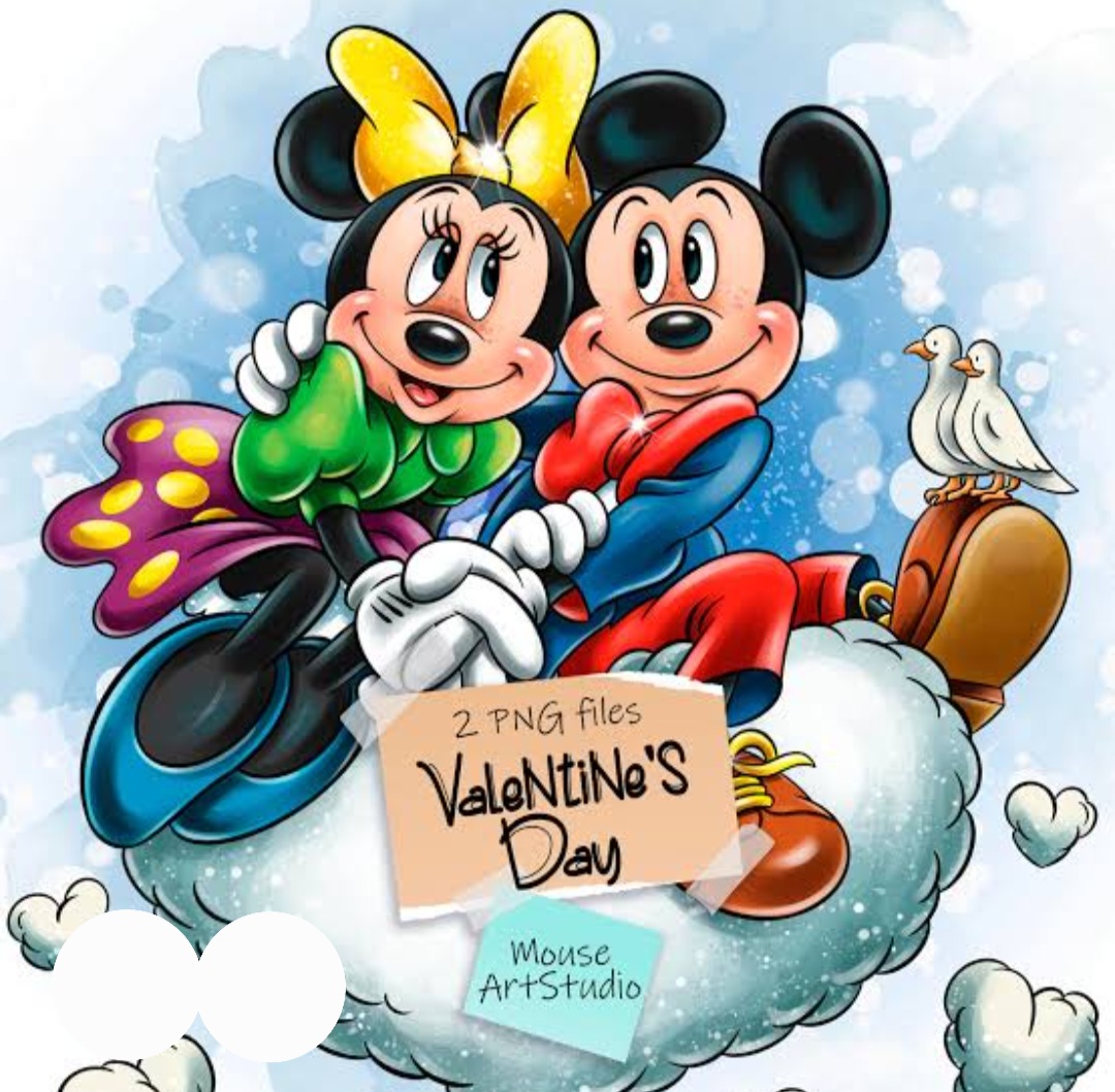 Cartoon Minnie and Mickey Mouse on a cloud holding a Valentine's Day sign