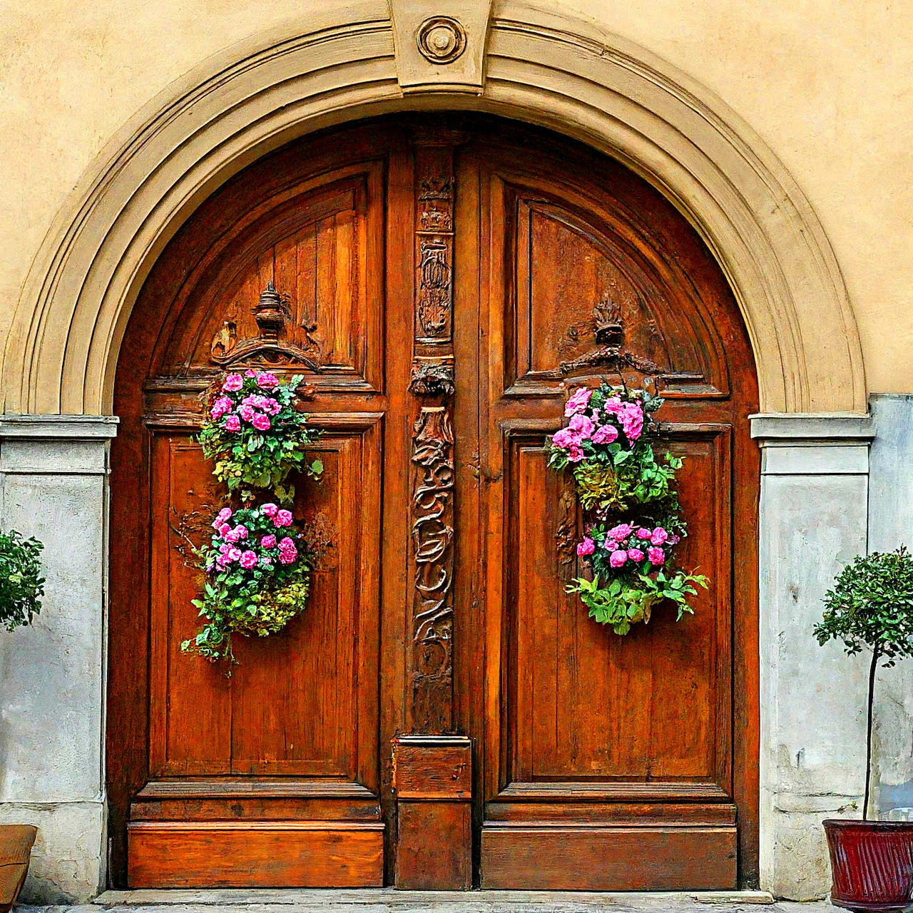 Wooden Door with Flower Wreaths