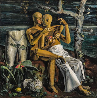 Surrealist painting showing two stylized golden figures in an intimate embrace near the ocean with classical architecture