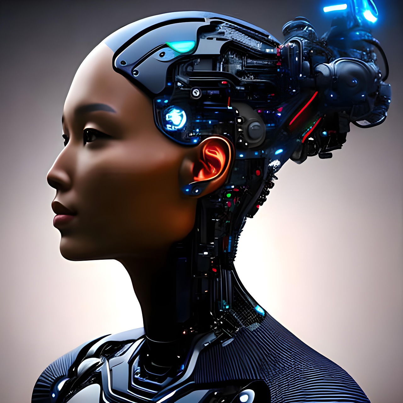 Side profile of a futuristic female android with exposed circuitry and glowing blue lights